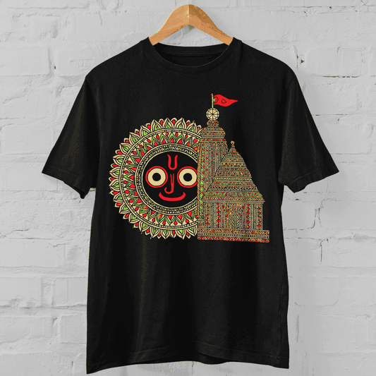 Black Rath Yatra T-Shirt featuring Puri Jagannath Temple art and deity face in vibrant traditional colors. Ideal for spiritual and cultural wear.
