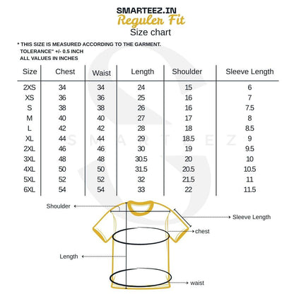 Size chart for Machh-e-Bhat-e-Bangali regular fit t shirt with chest, waist, length, shoulder, and sleeve measurements in inches.