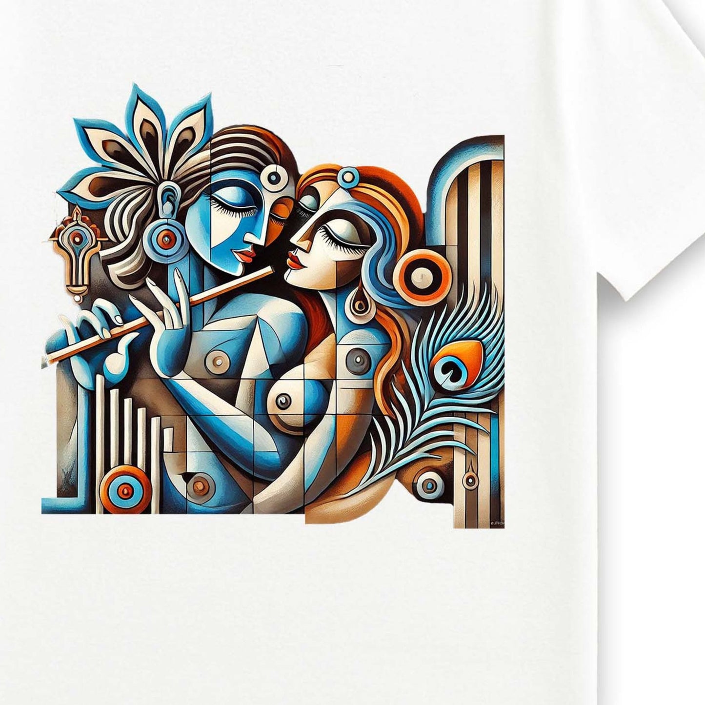 Close-up of Radha Krishna T-shirt design showcasing intricate Patachitra artwork with bold colors and detailed patterns on premium cotton fabric.