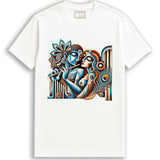 White Radha Krishna T-shirt featuring vibrant Patachitra art in geometric style, made from soft cotton with a durable high-definition print.
