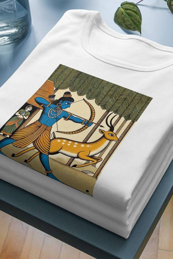 Ramayan T-shirt featuring Bengali Patachitra art of Lord Ram aiming at a deer. Soft cotton fabric, perfect for heritage lovers. Machine washable.