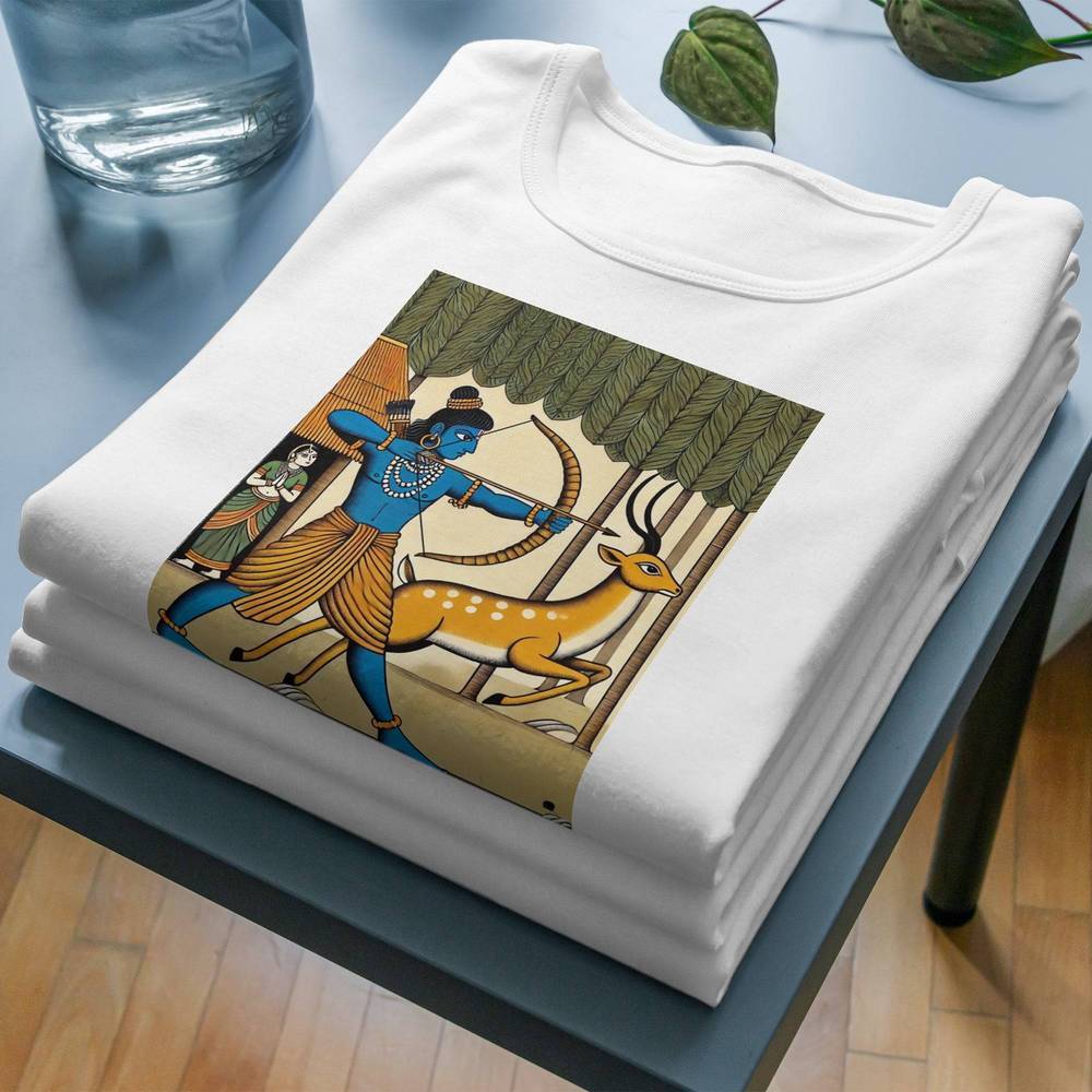 Ramayan T-shirt featuring Bengali Patachitra art of Lord Ram aiming at a deer. Soft cotton fabric, perfect for heritage lovers. Machine washable.