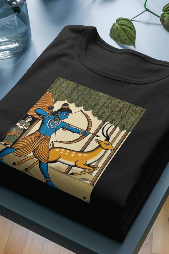 Ramayan T-shirt featuring Bengali Patachitra art of Sri Ram aiming at a deer. Soft cotton fabric, vibrant traditional design, and machine washable.