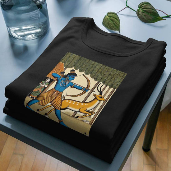 Ramayan T-shirt featuring Bengali Patachitra art of Sri Ram aiming at a deer. Soft cotton fabric, vibrant traditional design, and machine washable.