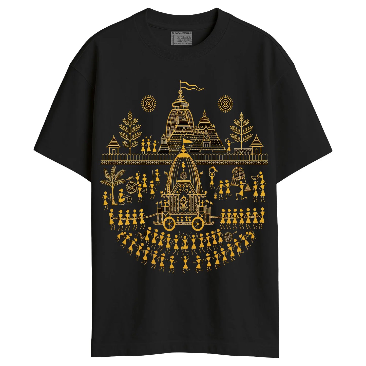 Rath Yatra Warli Art Oversized T-Shirt in black – Unisex | Smarteez Wearable Bengali Heritage, Made in Kolkata