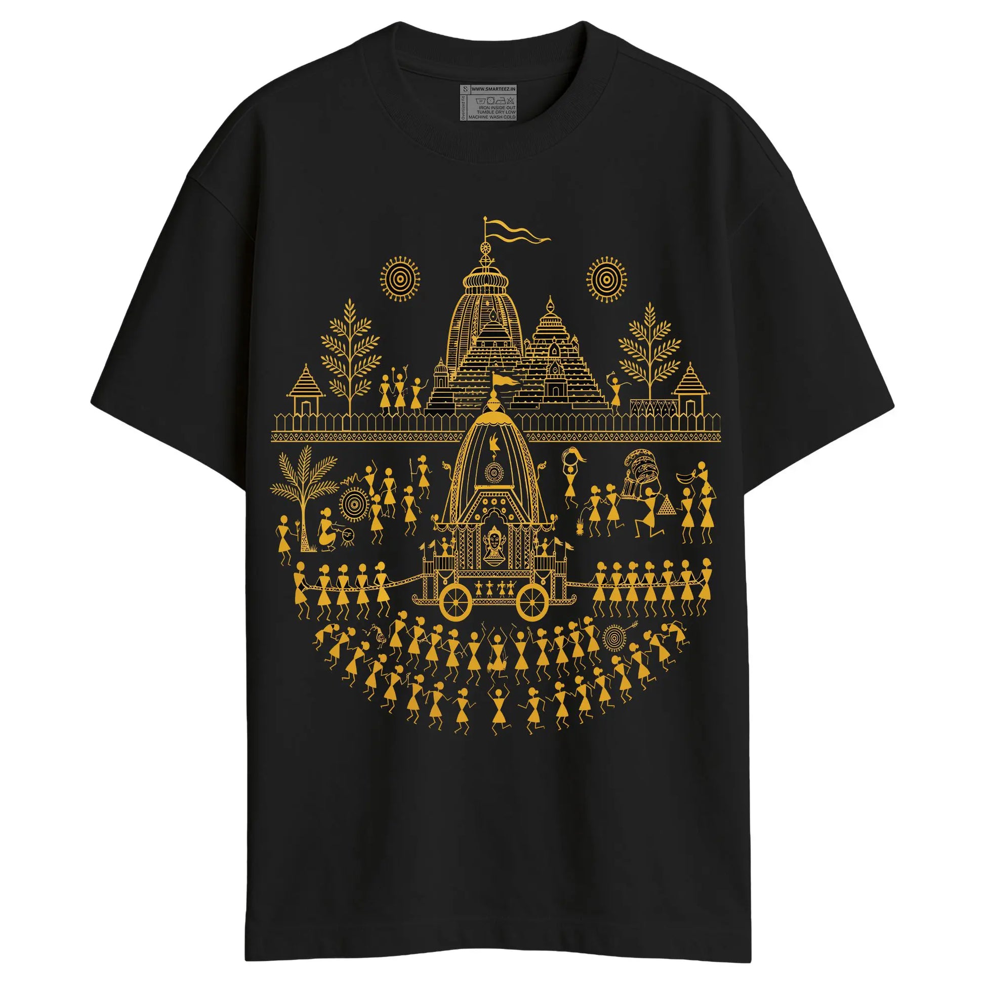 Rath Yatra Warli Art Oversized T-Shirt in black – Unisex | Smarteez Wearable Bengali Heritage, Made in Kolkata