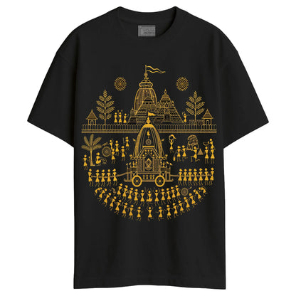 Rath Yatra Warli Art Oversized T-Shirt in black – Unisex | Smarteez Wearable Bengali Heritage, Made in Kolkata