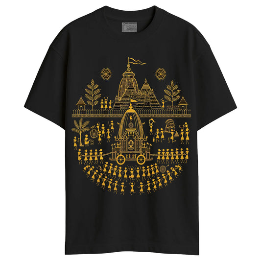 Rath Yatra Warli Art Oversized T-Shirt in black – Unisex | Smarteez Wearable Bengali Heritage, Made in Kolkata