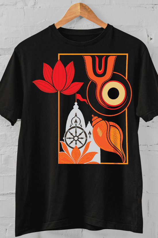 Black Rath Yatra T-Shirt featuring sacred symbols of Jagannath Temple including lotus, chakra, and conch. Ideal for spiritual heritage wear.