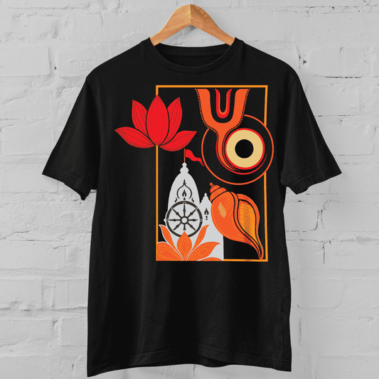 Black Rath Yatra T-Shirt featuring sacred symbols of Jagannath Temple including lotus, chakra, and conch. Ideal for spiritual heritage wear.