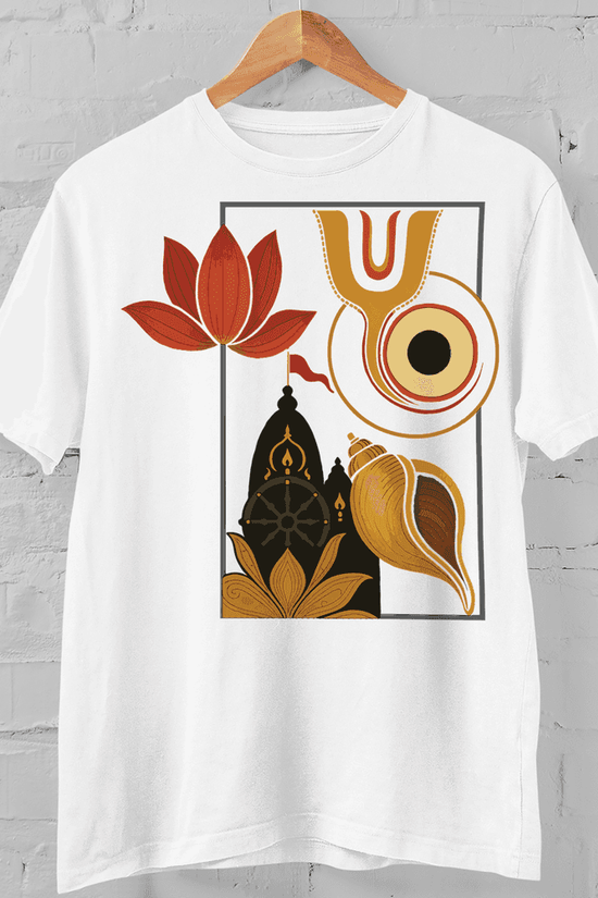 White Rath Yatra T-Shirt with vibrant sacred motifs of Jagannath Temple like lotus, chakra, and shankha. Perfect for Rath Yatra 2025 celebrations.