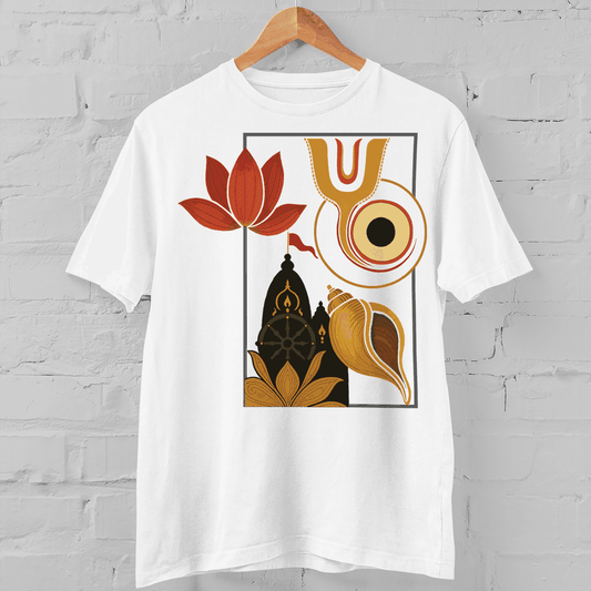 White Rath Yatra T-Shirt with vibrant sacred motifs of Jagannath Temple like lotus, chakra, and shankha. Perfect for Rath Yatra 2025 celebrations.