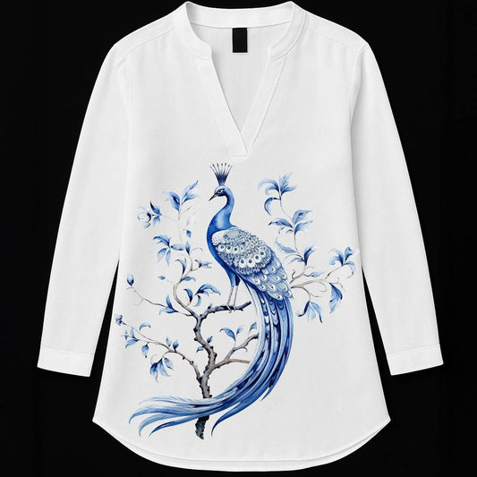 Regal Peacock Kurti - Blue for Women featuring a majestic blue peacock perched on floral branches, printed on a white tunic with a V-neck design.
