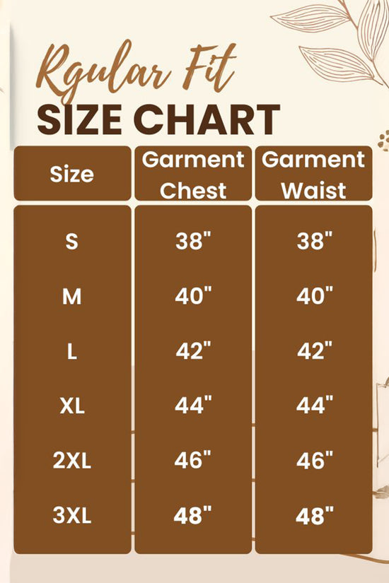 Regular fit size chart for Smarteez T--shirts from size S to 3XL in inches.