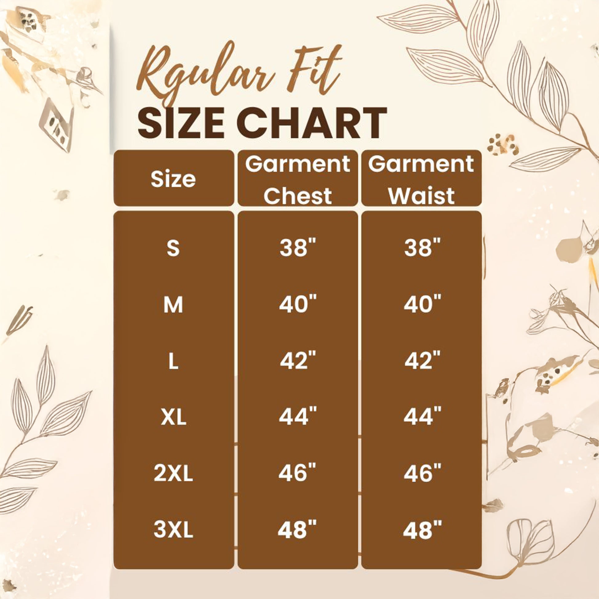 Regular fit size chart for Smarteez T--shirts from size S to 3XL in inches.