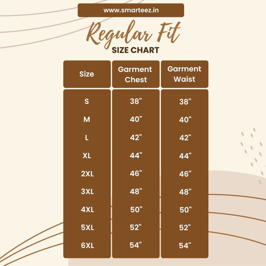 Regular Fit Size Chart for Smarteez Cotton T-Shirt, showing chest and waist measurements from S to 6XL.