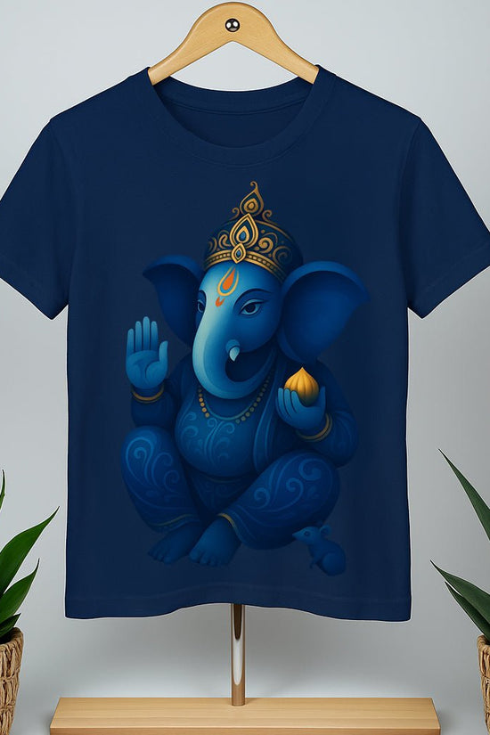 Royal Blue Ganesha T-Shirt featuring a detailed Indian art graphic of Lord Ganesha in blue tones. Unisex cotton tee ideal for cultural fashion.