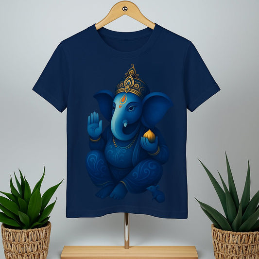 Royal Blue Ganesha T-Shirt featuring a detailed Indian art graphic of Lord Ganesha in blue tones. Unisex cotton tee ideal for cultural fashion.