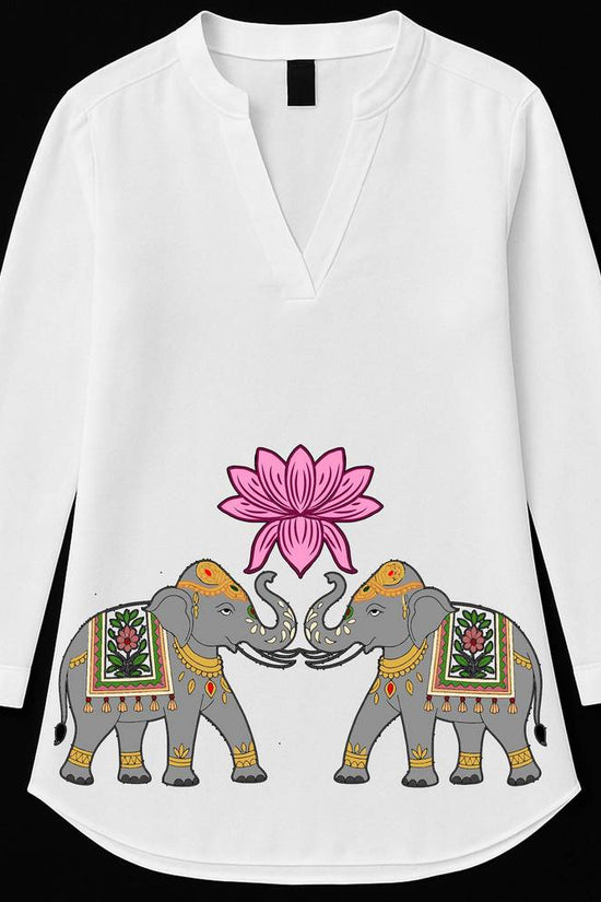 Graphic printed kurti in white cotton featuring two royal elephants and a pink lotus, ideal for festive and cultural wear.