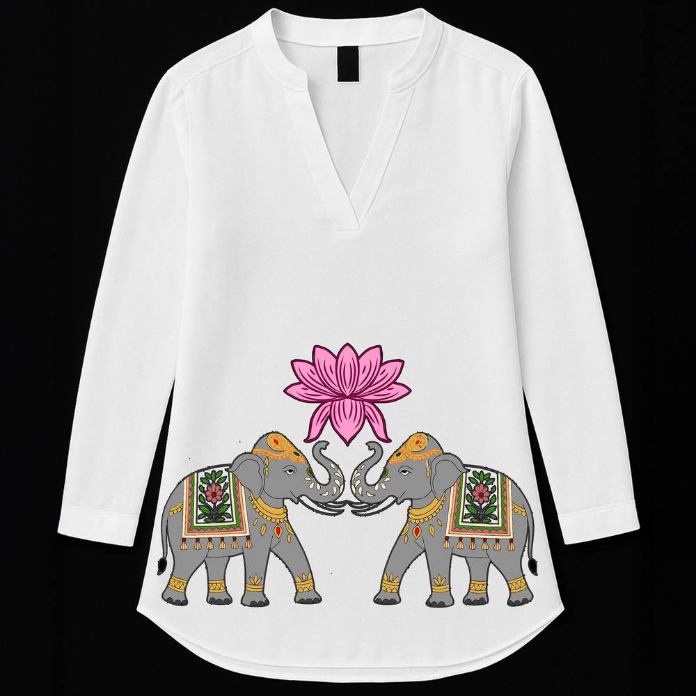 Graphic printed kurti in white cotton featuring two royal elephants and a pink lotus, ideal for festive and cultural wear.