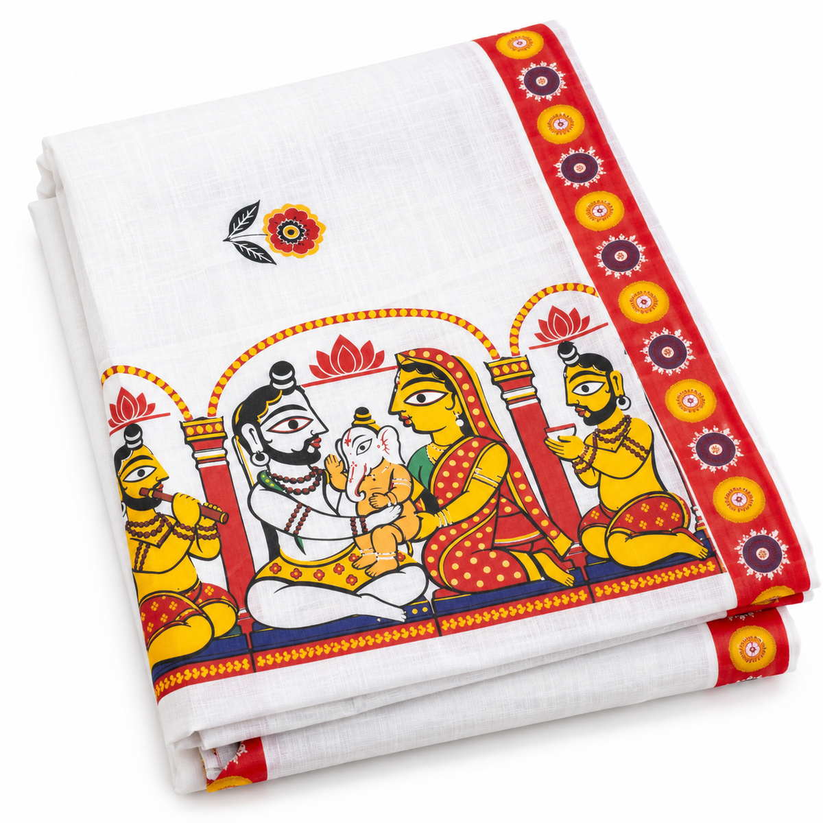 Shiva Parvati Ganesh Saree – Jamini Roy Inspired Art on White Cotton