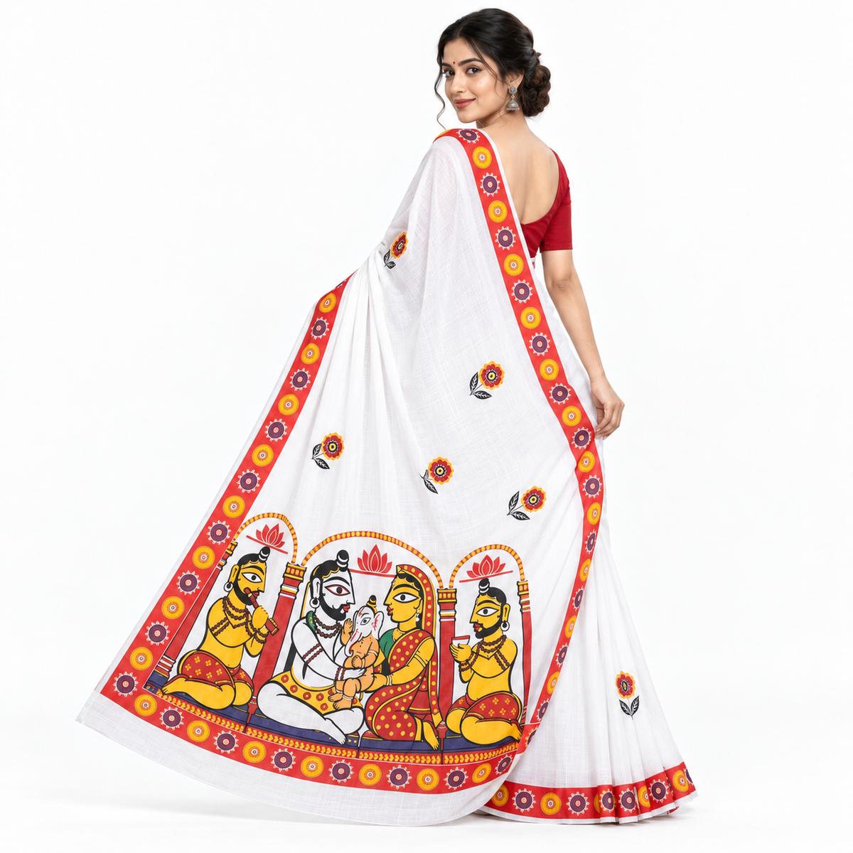 Shiva Parvati Ganesh Saree – Jamini Roy Inspired Art on White Cotton