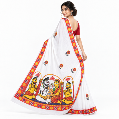 Shiva Parvati Ganesh Saree – Jamini Roy Inspired Art on White Cotton
