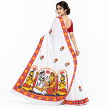 Shiva Parvati Ganesh Saree – Jamini Roy Inspired Art on White Cotton
