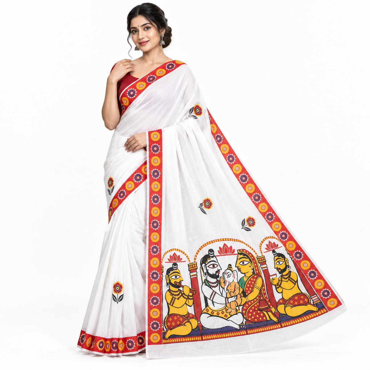 Shiva Parvati Ganesh Saree – Jamini Roy Inspired Art on White Cotton