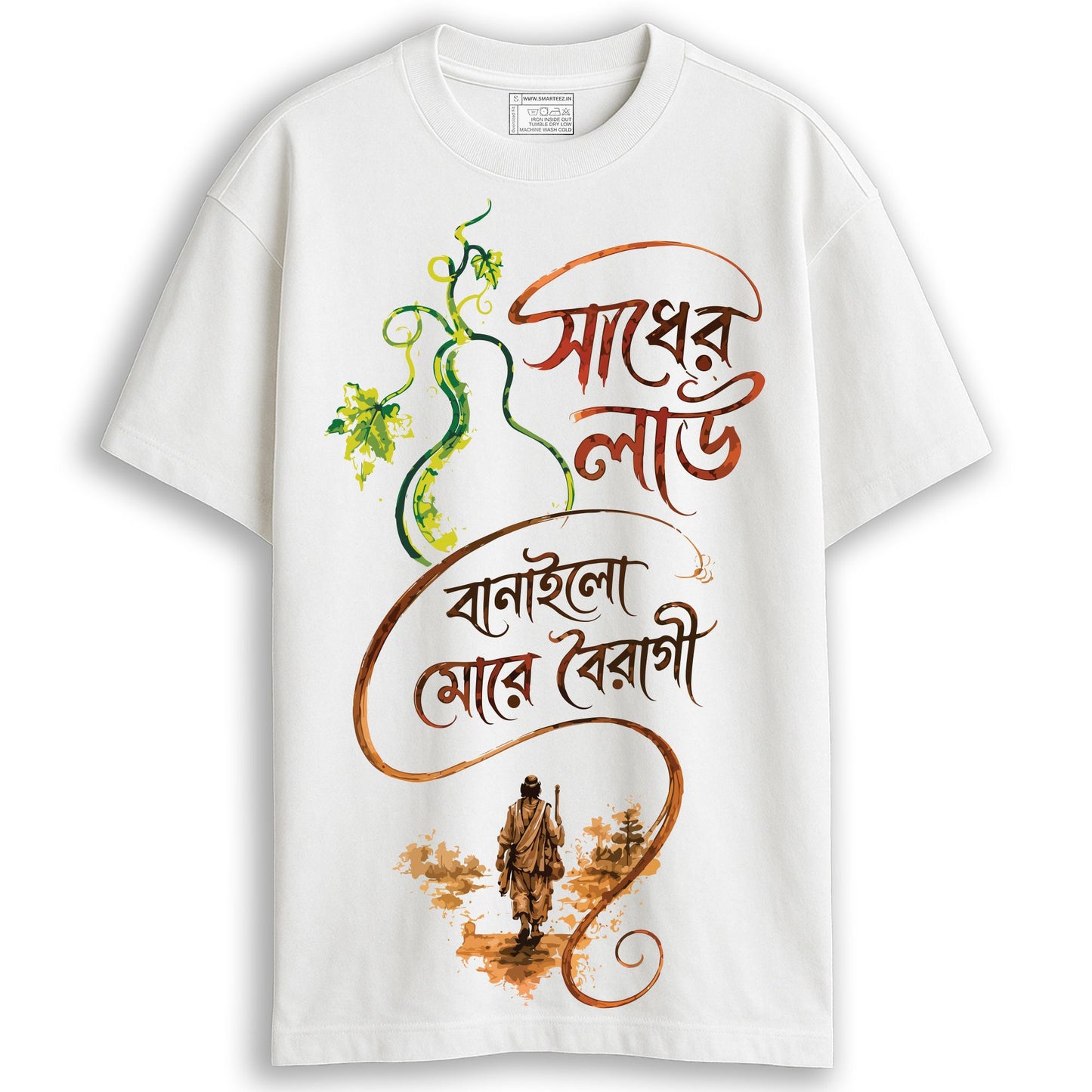Close-up of Shadher Lau oversized T-shirt print detail showing Bengali Baul folk song typography and gourd vine illustration on white cotton