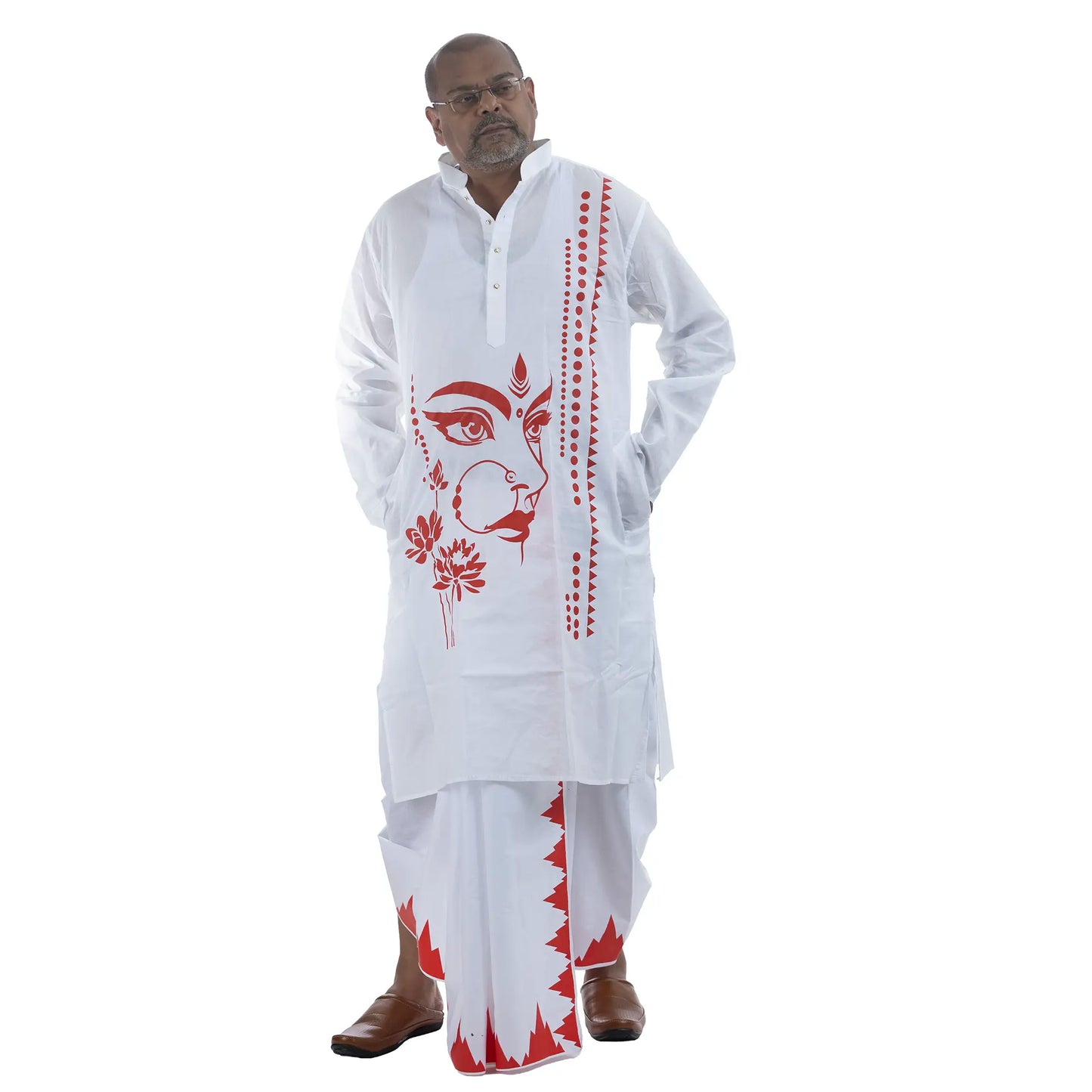 Durga Puja Sakti panjabi for men, white cotton with Maa Durga eyes print and lotus motif