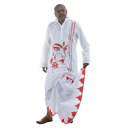 Durga Puja Sakti panjabi with traditional Bengali dhuti, white cotton with Maa Durga eyes print