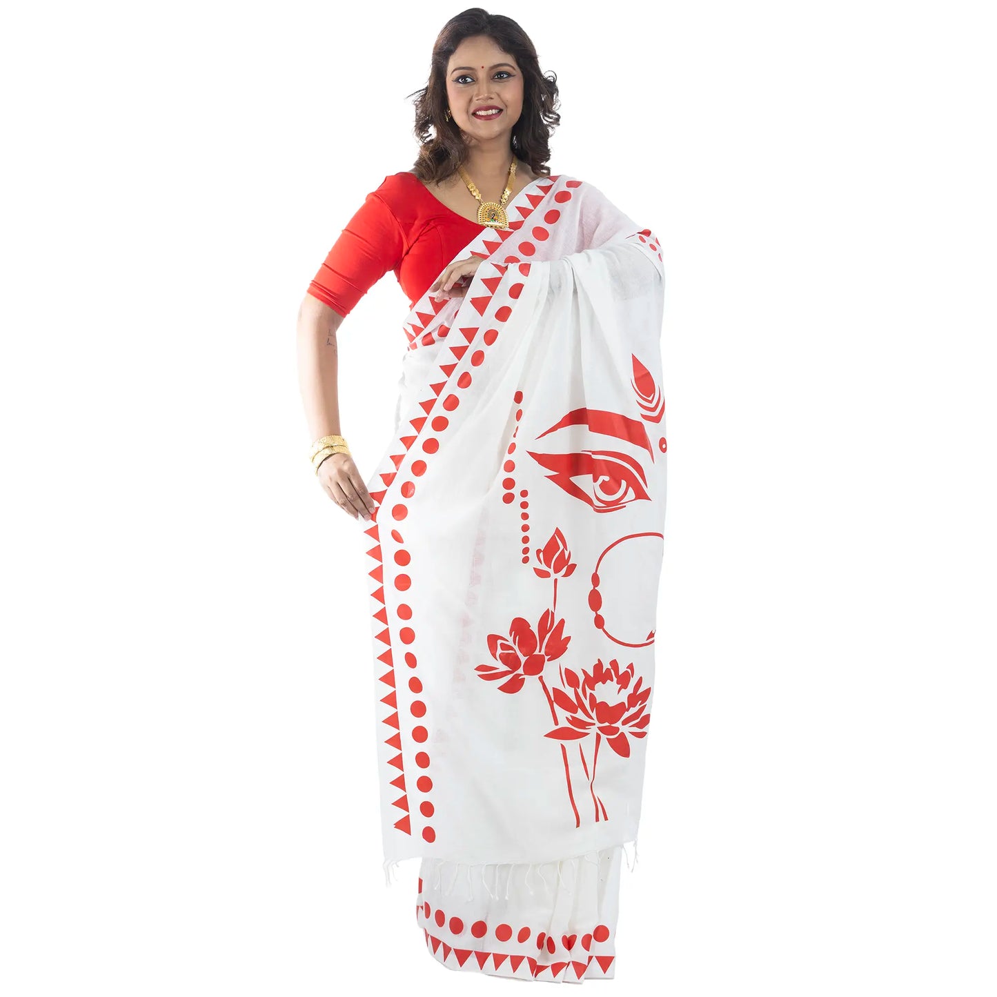 Durga Puja Sakti saree pallu close-up showing Maa Durga eyes and lotus motif on khadi cotton