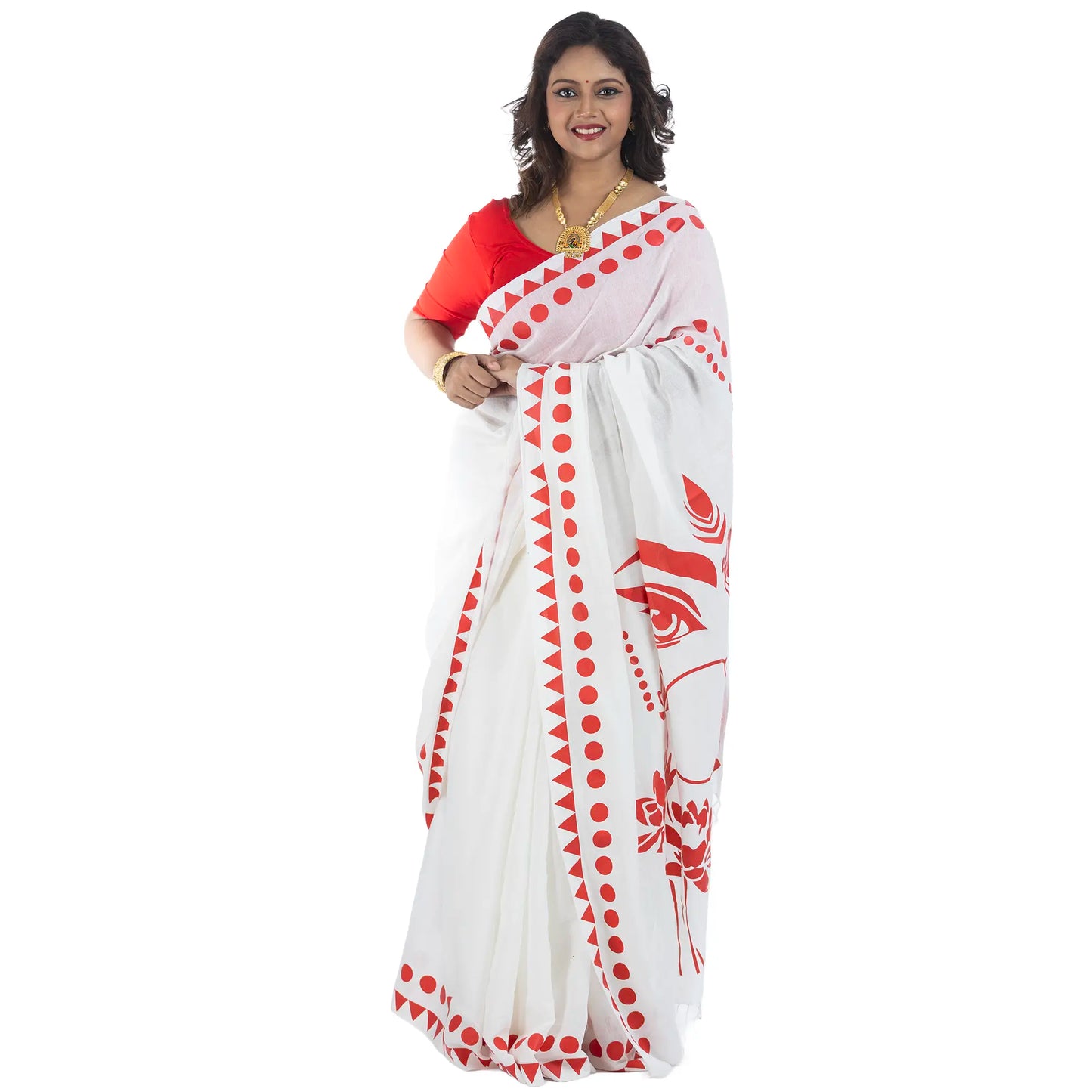 Durga Puja Sakti saree for women, white handloom khadi cotton with Maa Durga eyes print