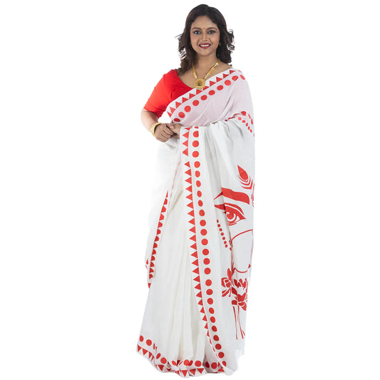 Durga Puja Sakti saree for women, white handloom khadi cotton with Maa Durga eyes print