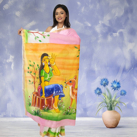 Sakuntala Saree - Hand Painted Elegance in Kerala Cotton featuring vibrant artwork of Sakuntala with a deer, ideal for festive and cultural wear.