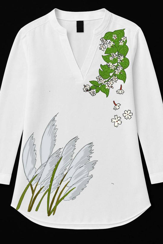 Sarat Serenity Bengali Autumn Kurti in white cotton with Kash phool and floral vine motifs, perfect for festive wear and seasonal elegance.