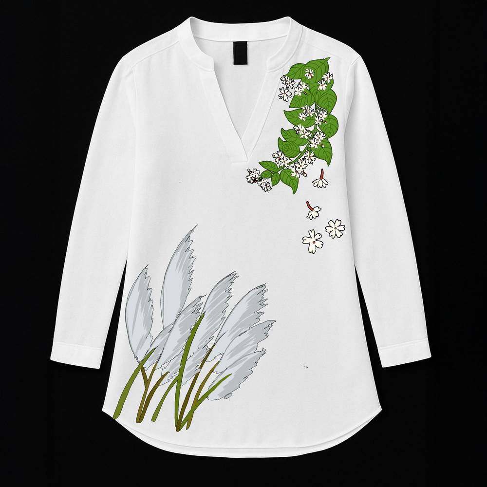 Sarat Serenity Bengali Autumn Kurti in white cotton with Kash phool and floral vine motifs, perfect for festive wear and seasonal elegance.