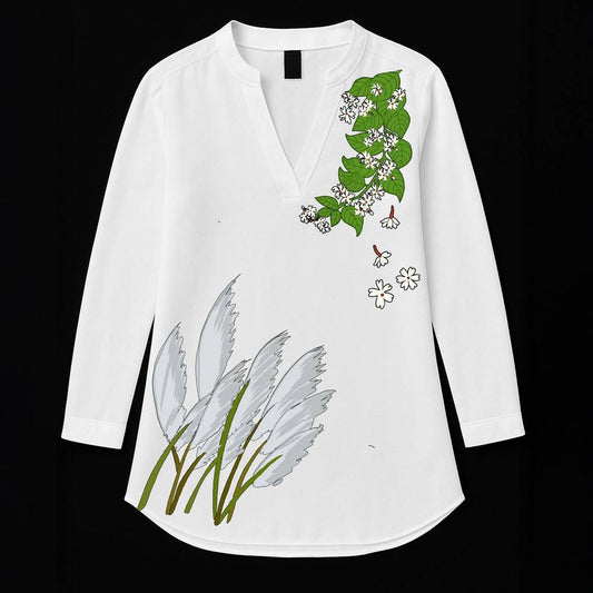 Sarat Serenity Bengali Autumn Kurti in white cotton with Kash phool and floral vine motifs, perfect for festive wear and seasonal elegance.