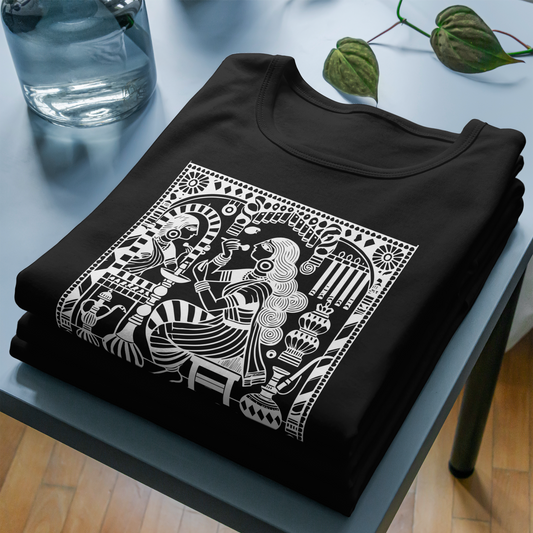 'Sayam-Sringar' Kalighat Patachitra T-Shirt featuring intricate Bengali folk art in white on black 180 GSM cotton fabric. Stylish, comfortable, and machine washable.