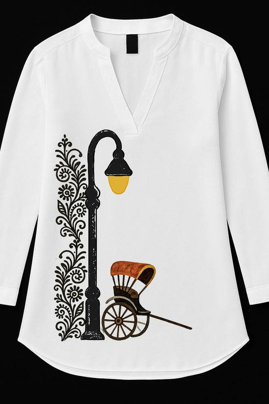 Vintage Kolkata Kurti for women featuring a hand-pulled rickshaw and street lamp graphic on white cotton fabric. Breathable tunic ideal for casual wear.