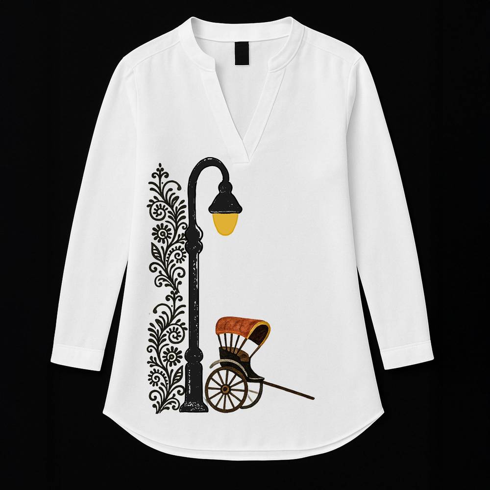 Vintage Kolkata Kurti for women featuring a hand-pulled rickshaw and street lamp graphic on white cotton fabric. Breathable tunic ideal for casual wear.