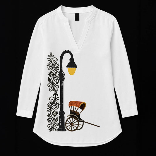 Vintage Kolkata Kurti for women featuring a hand-pulled rickshaw and street lamp graphic on white cotton fabric. Breathable tunic ideal for casual wear.