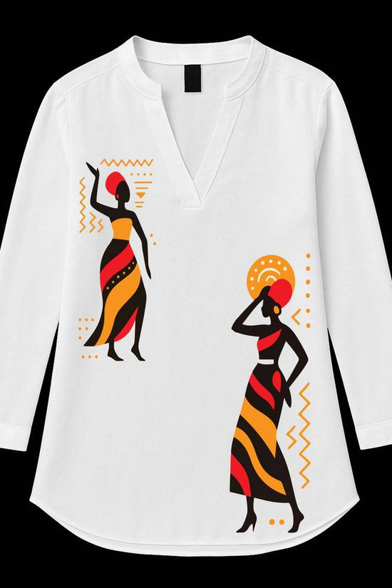 Tribal Grace Kurti for women featuring bold African-inspired tribal lady prints in earthy red, orange, and black tones on a white tunic top.
