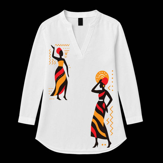 Tribal Grace Kurti for women featuring bold African-inspired tribal lady prints in earthy red, orange, and black tones on a white tunic top.