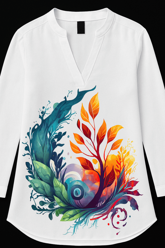 Floral Print Ladies Kurti - Artistic Kurti with vibrant botanical design in teal, orange, and red on soft white fabric, ideal for elegant wear.