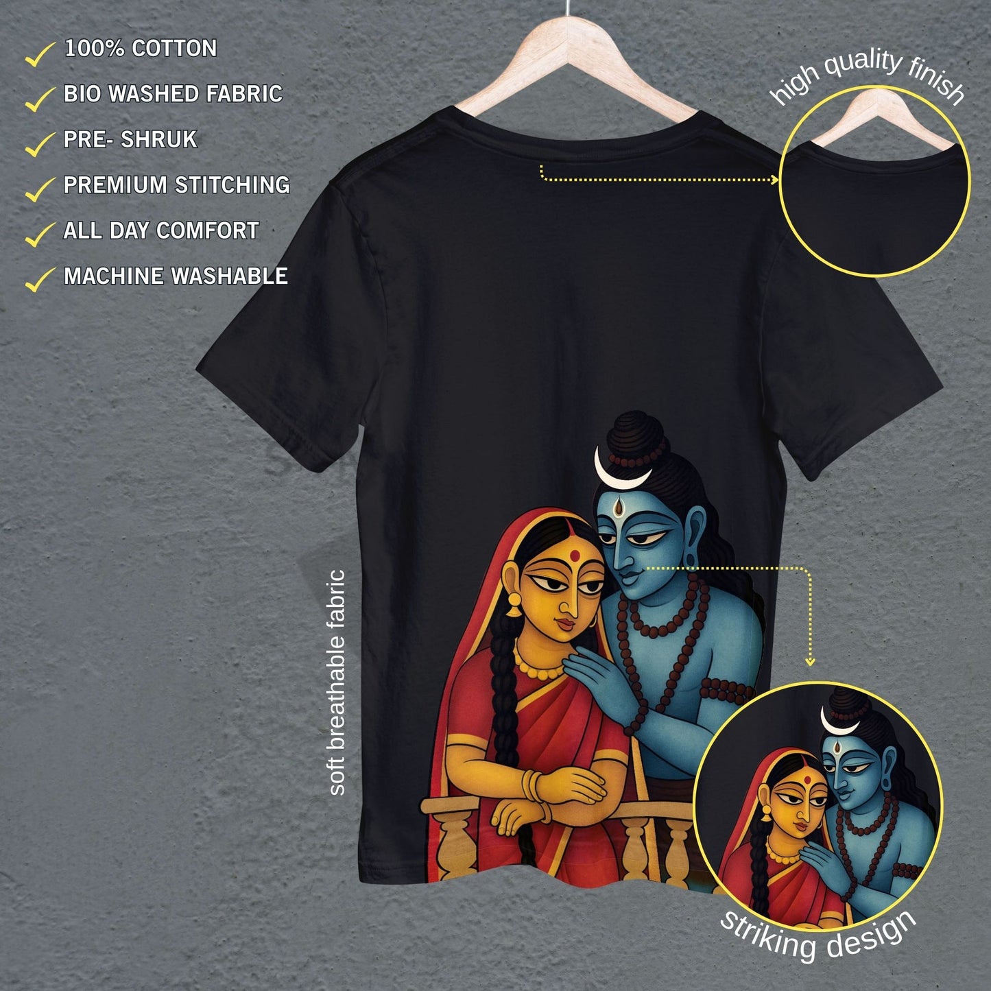 Back view of Shiva-Parvati Tee - Maa Durga T-Shirt with product highlights like bio-washed cotton, premium stitching, and striking design.