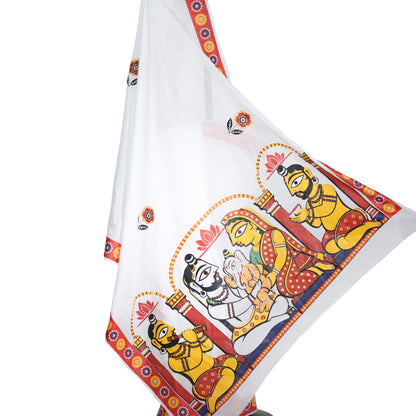 Shiva Parvati Ganesh Saree – Jamini Roy Inspired Art on White Cotton