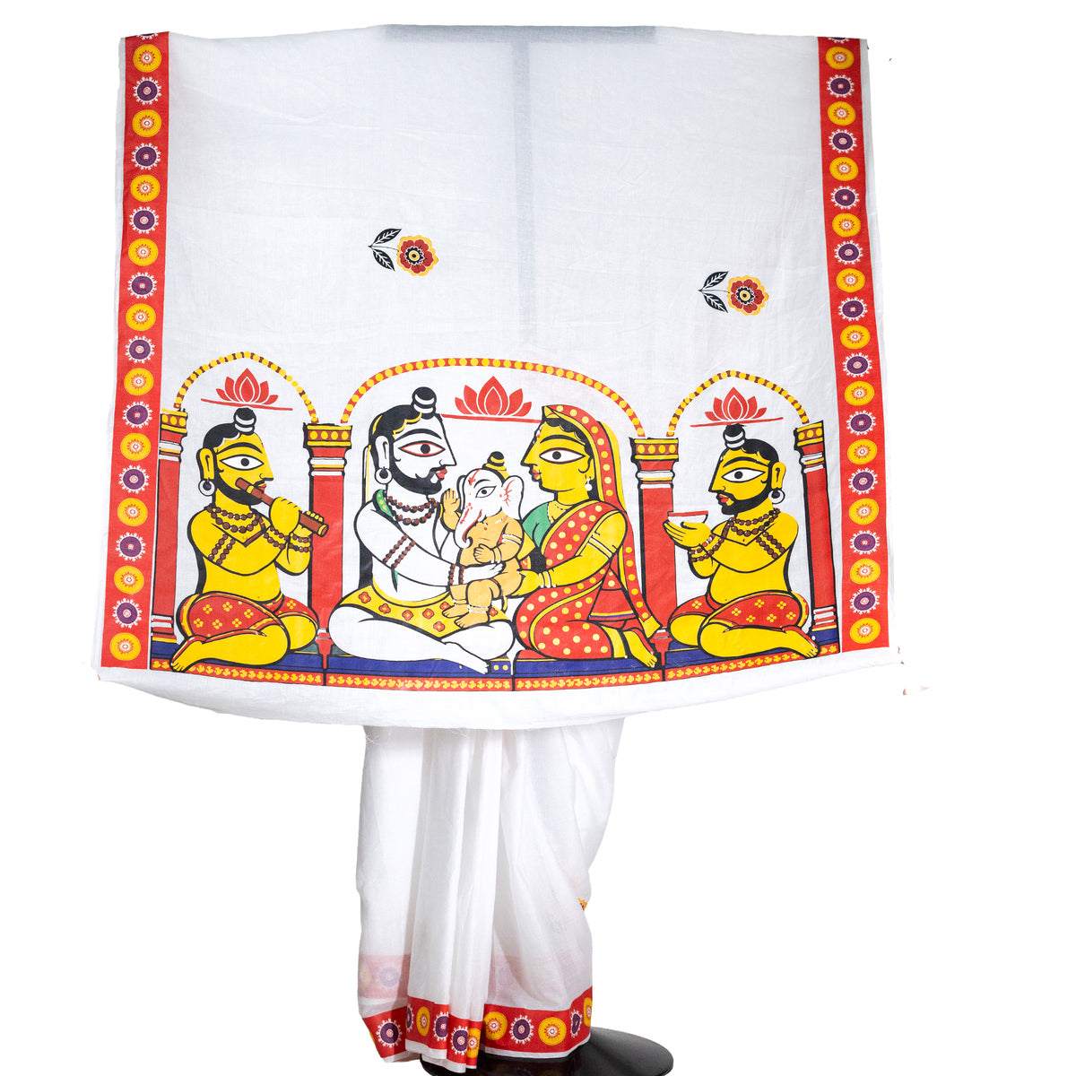 Shiva Parvati Ganesh Saree – Jamini Roy Inspired Art on White Cotton
