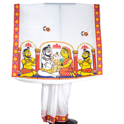 Shiva Parvati Ganesh Saree – Jamini Roy Inspired Art on White Cotton